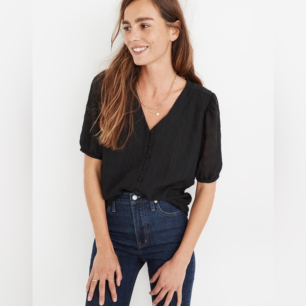 Madewell Textured Button-Front V-Neck Top, Black